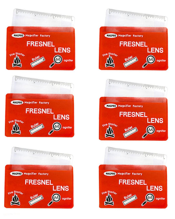 MAGDEPO 6 Pack Credit Card Size Magnifier Ruler Fresnel Lens Fire Starter Compact Plastic Magnifying Lens Wallet Pocket Magnifier for Reading Small Print, Maps, and Books - Red