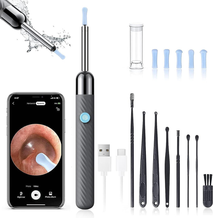 Ear Wax Removal - Earwax Remover Tool with 8 Pcs Ear Set - Ear Cleaner with Camera - Earwax Removal Kit with Light - Ear Camera with 6 Ear Spoon - Ear Cleaner for iOS & Android (Grey)