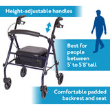 Carex Steel Rollator Walker with Seat and Wheels - Rolling Walker for Seniors - Walker Supports 350lbs, Foldable, For Those 5'0" to 5'8", Walker With Wheels