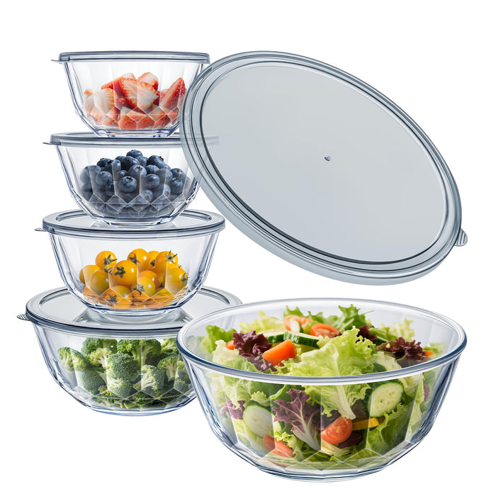 WhiteRhino Glass Mixing Bowls with Lids Set of 5（4.70QT,2.85QT, 1.69QT,1.11QT,0.85QT,Glass Bowls with Lids,Large Salad Bowls Space-Saving Nesting for Cooking,Baking,Prepping,Dishwasher Safe
