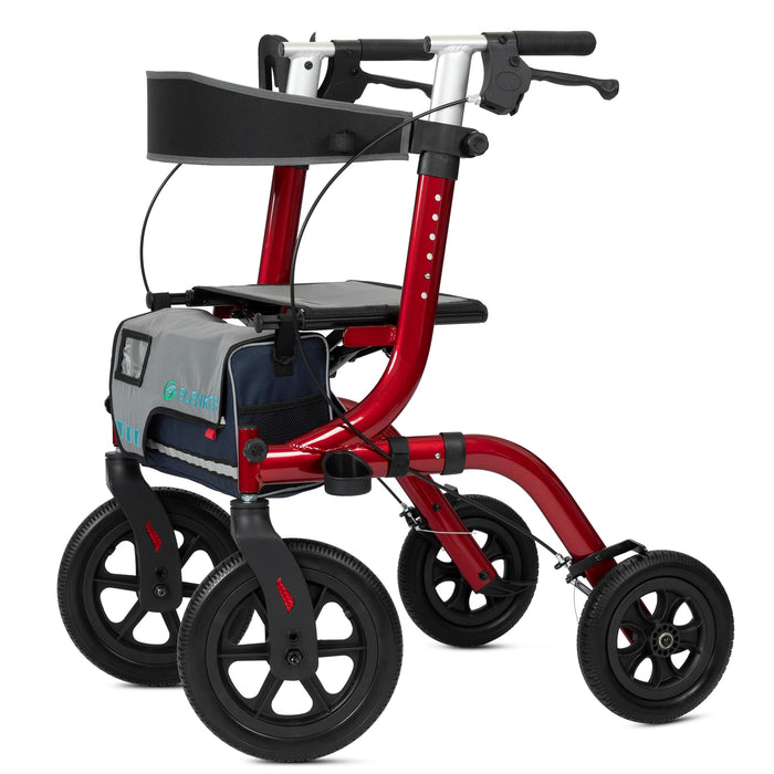 ELENKER All-Terrain Rollator Walker with Seat, Outdoor Rolling Walker, 12” Non-Pneumatic Tire Front Wheels, Compact Folding Design for Seniors, Red