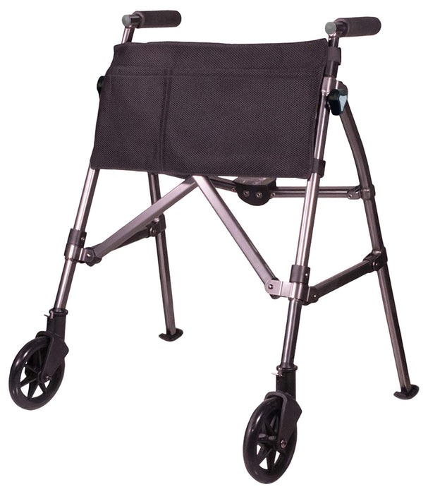 Stander Wonder Walker Plus Short, Junior Lightweight Folding Rolling Walker for Adults, Seniors, Elderly, Petite Travel Walker with Wheels, Glides, Pouch, Compact Standard Walker, Black Walnut