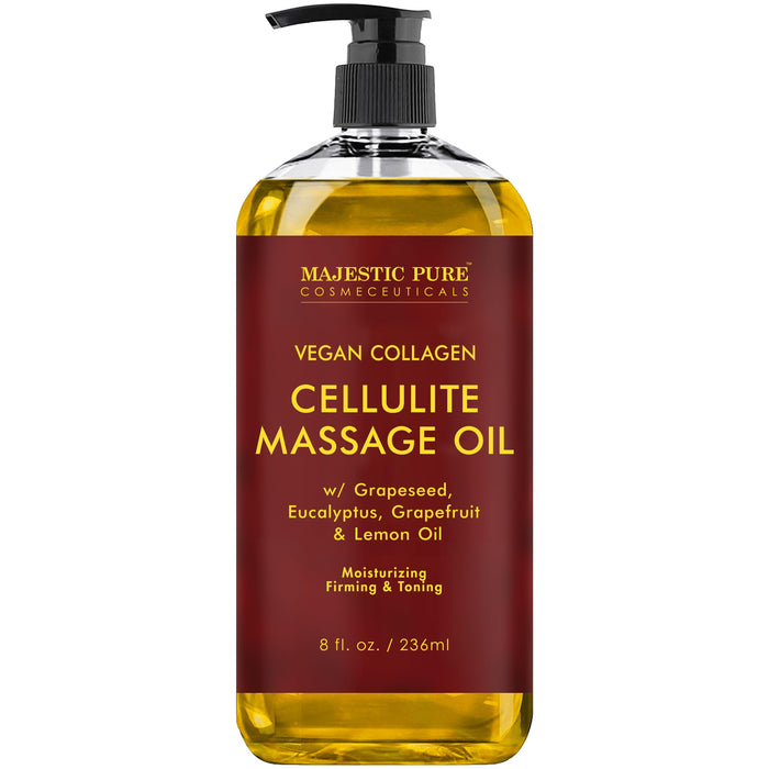 MAJESTIC PURE Anti Cellulite Massage Oil - with Vegan Collagen & Stem Cells, Cellulite Cream for Skin Tightening and Cellulite Remover in Thighs and Butt - 8 fl oz