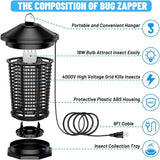 Bug Zapper Outdoor Electric, 5.8Ft Portable Mosquito Zapper Fly Zapper Indoor, 4000V High Powered Mosquito Killer Lamp, Hanging Waterproof Bug Light Zapper for Patio Backyard Home Garage Camping-Black