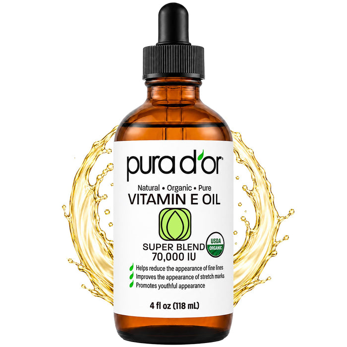 PURA D'OR ORGANIC Vitamin E Oil 70,000 IU for Face, Ayurvedic Skin Care 4oz