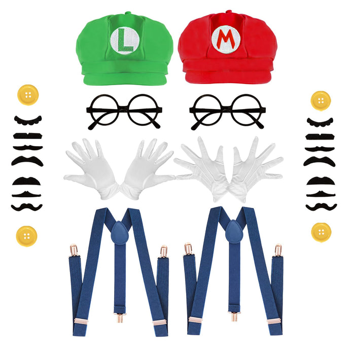 QRT Super Bros Costume Kit with Hat, Mustaches, Suspenders, Gloves Buttons ang Glasses frame for Halloween, Cosplay and Christmas (red&green)