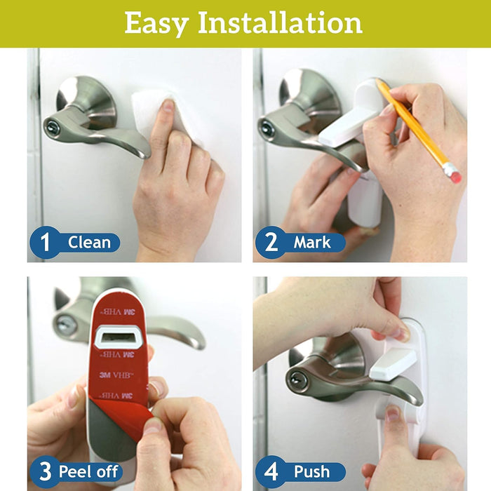 Door Lever Lock (2 Pack) Prevents Toddlers from Opening Doors. 3.25" L * 1.5" W * 4.5" H Easy One Hand Operation for Adults. Durable ABS with 3M Adhesive Backing. Simple Install, No Tools Needed.