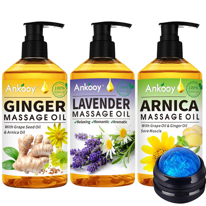 3 Pack Massage Oil for Massage Therapy with Massage Roller Ball,Ginger Oil Lymphatic Drainage &Arnica Sore Muscle Oil &Lavender Relaxing Massage Oils-Spa Massage Kit Valentines Day Gifts for Men Women