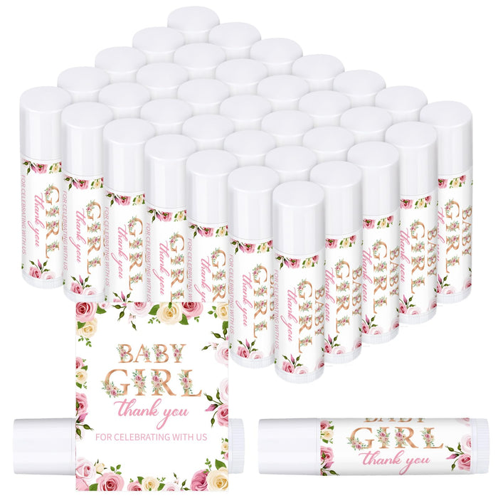 50 Pcs Lip Balm Bulk Floral Themed Baby Shower Party Favors Girl Baby Gift Set Lip Care with Assorted Fruit Flavors Thank You Lipstick for Guest Baby Gender Reveal Basket Gift Stuffer