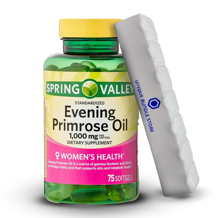 Unique Bundle Store Spring Valley, Evening Primrose Oil 1000mg, 75 Count Softgels Women's Health Dietary Supplement + 7 Day Pill Organizer Included (Pack of 1)