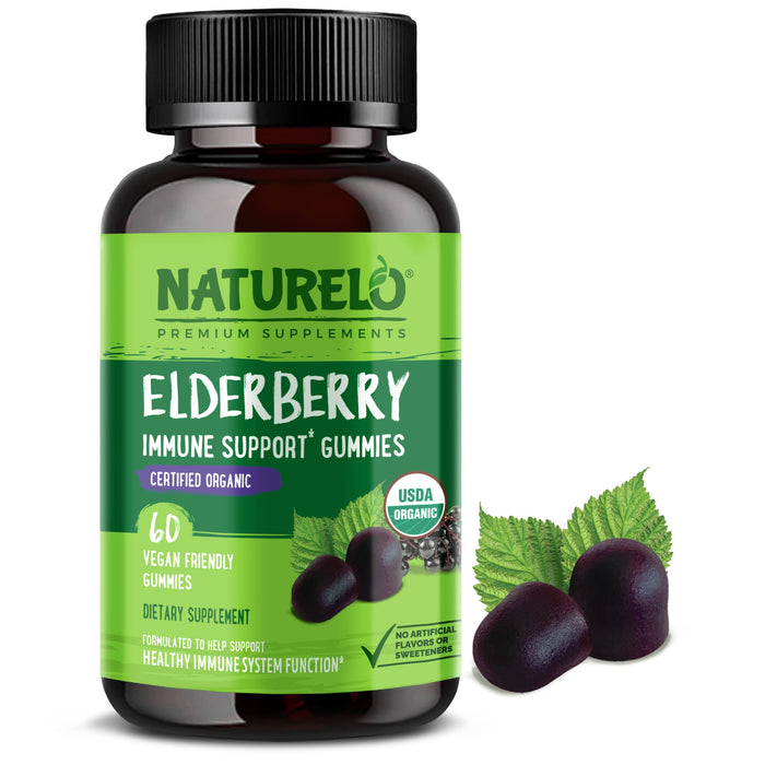 NATURELO Elderberry Gummies – Immune Support with Sambucus Elderberry + Vitamin C + Zinc – Certified Organic, 60ct