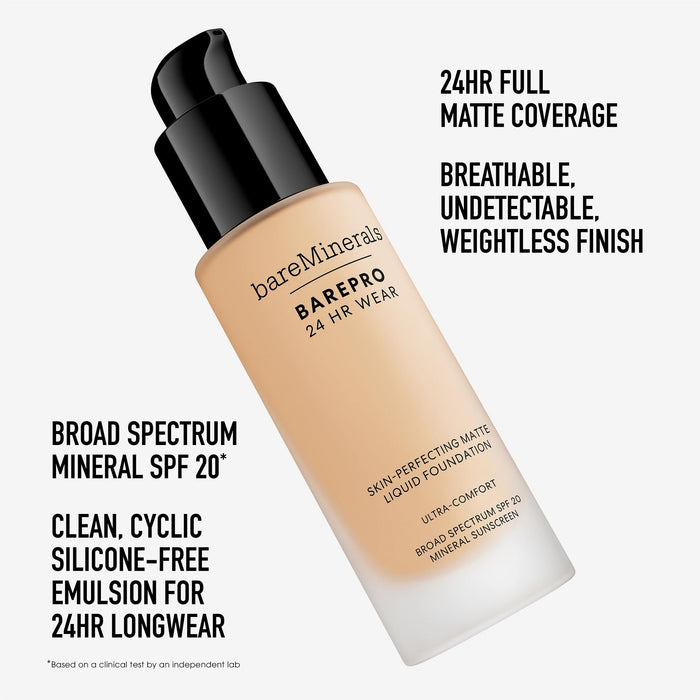 bareMinerals Barepro 24HR Wear Matte Liquid Foundation Mineral SPF 20, Full Coverage Matte Finish, Breathable Makeup for Face, Vegan (Light 25 Cool)