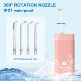 Caredite Water Flosser Cordless,Portable Mini Oral Irrigator Teeth Cleaner, Rechargeable Power Dental Flosser Picks for Travel Home, 4 Tips 3 Modes, IPX7 Wateroproof for Teeth Braces Dental Care,Pink