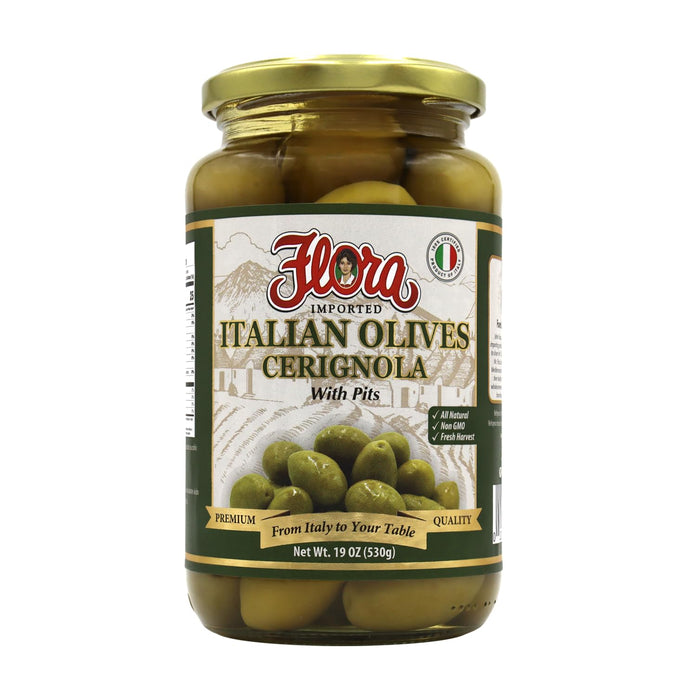 Flora Foods Italian Olives Cerignola with Pits | CerignolaOlives | 19 oz (530g) | 100% Italian | All Natural | Non GMO | Fresh Harvest