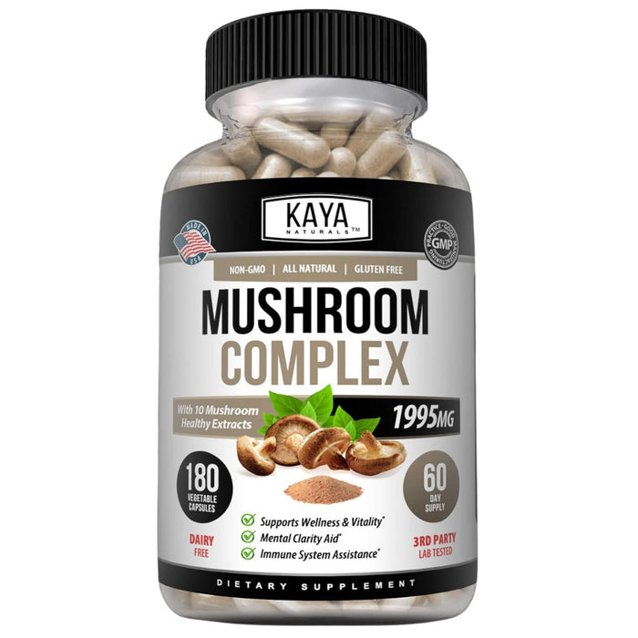 Kaya Naturals Premium Mushroom Complex Potent | Organic Mushroom Supplement| Mushroom Complex Capsules 1995mg Per Serving - Aids Mental Clarity Supports Immune System, Wellness & Vitality | 180 Count