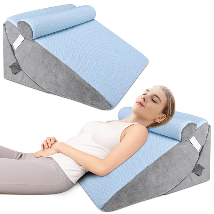 BEYOUDO 3pcs Bed Wedge Pillow Set, Adjustable Bed Wedge Pillow for Sleeping, 7 & 12 Inch Wedge Pillow Headboard for Acid Reflux and Back Pain Relief, Post Surgery, Snoring, Back Support, Light Blue