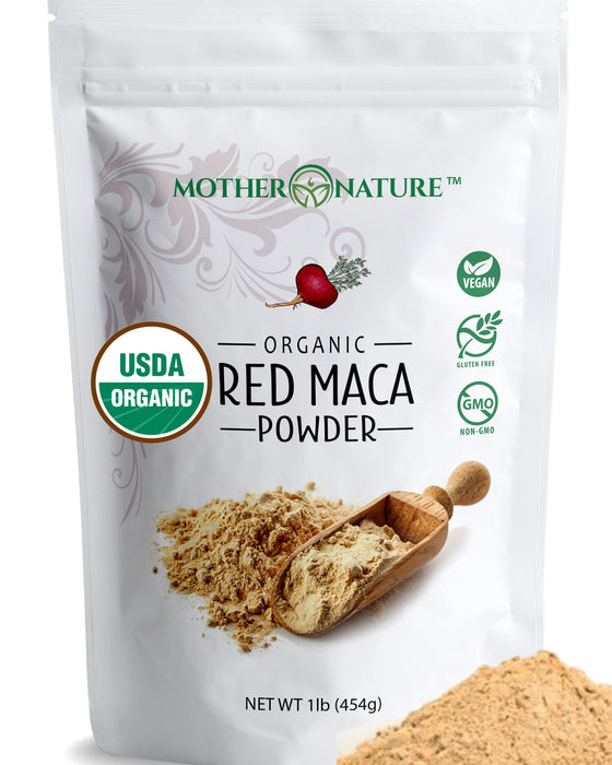 USDA Organic Red Maca Root Powder, Raw, Vegan, Hormone Regulation, Great Pre-Workout, Muscle Mass Gain, Non-GMO (1lb)