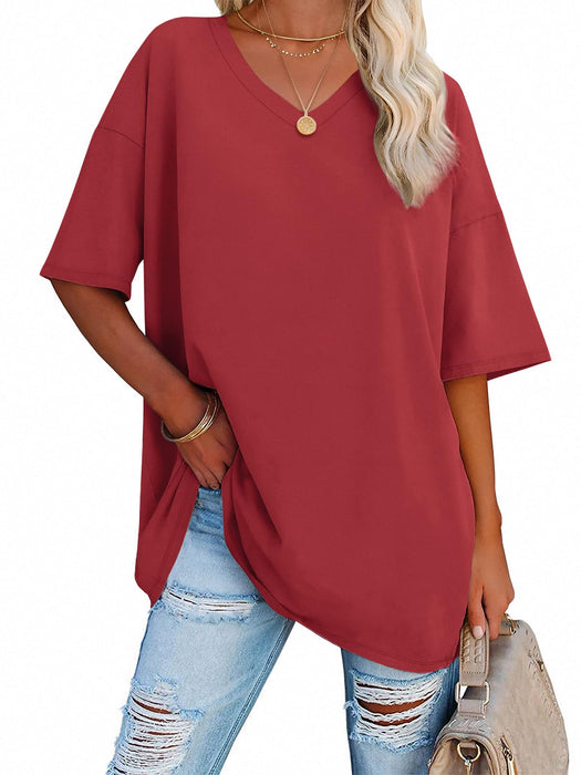 ATHMILE Christmas T Shirts for Women Oversized V Neck Tees Half Sleeve Cozy Comfy Tunic 2024 Y2K Casual Red