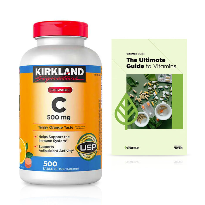 Generic Kirkland Signature Chewable Vitamin C 500 mg., 500 Tablets + Exclusive VitaMax Vitamin Guide - 2 Items