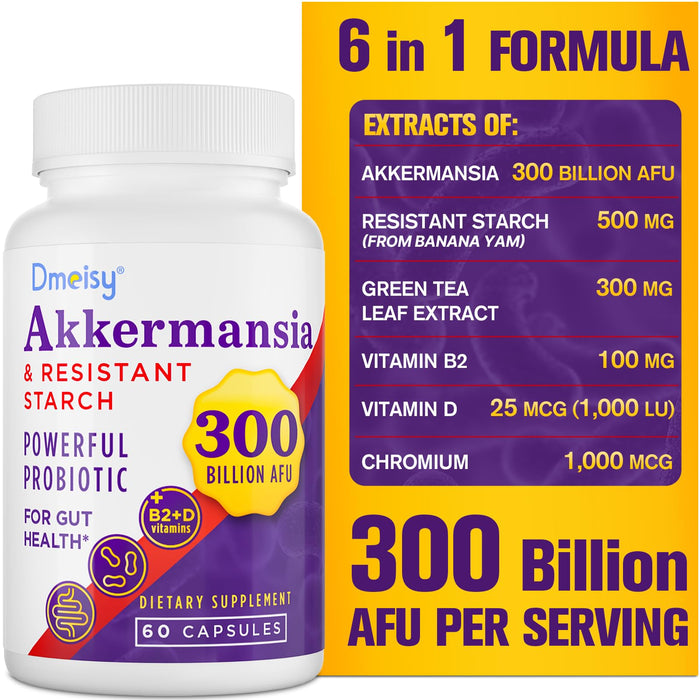 300 Billion AFU Akkermansia Muciniphila - Live Akkermansia Probiotics for Men & Women, for GLP-1, Digestive, Gut, Immune & Overall Health, Enhances Gut Lining Function & Intestinal Walls, 60 Capsules