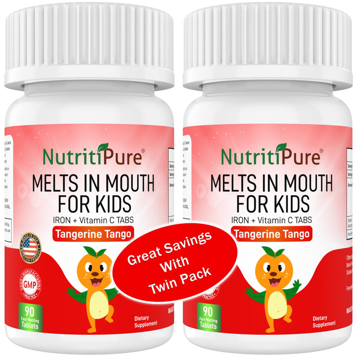 NutritiPure Kids Chewable Iron Supplement (Ferronyl®/Carbonyl Iron 9 mg with Vitamin C 30 mg) Tablet in Tangerine Tango Orange Flavor 90 Count (2 Bottles)