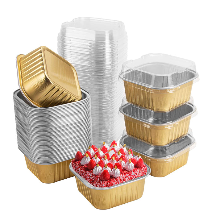 50 Pcs Mini Square Baking Cups with Lids,10oz Aluminum Foil Mini Cake Pans with Lids,Disposable Ramekins Cake Pans,300ml Dessert Cups Cupcake Pans for Wedding Birthday Party,Gold