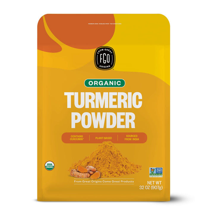 FGO Organic Turmeric Powder w/Curcumin, 2 Pound / 32oz Bulk Resealable Pouch, USDA Organic and Non-GMO, Sourced from India, Packaging May Vary (Pack of 1)