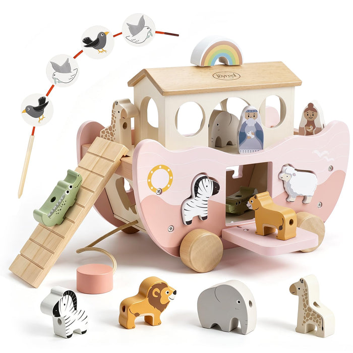 Joyreal Pink Wooden Noah's Ark Toy for 1 Year Old Baby Girl Baptism Gifts
