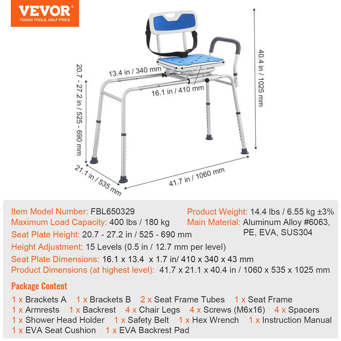 VEVOR Sliding Tub Transfer Bench with 360 Degree Swivel Seat, Height Adjustable Bathtub Transfer Bench with Armrest & Safety Belt, Non-Slip Rotating Shower Chair for Elderly Disabled, 400LBS Capacity