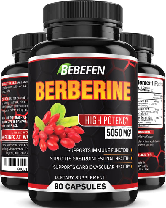 BEBEFEN Berberine Capsules - 5050mg Formula Pills with Black Pepper Extract - 90 Capsules Berberine Supplement for Supports Healthy Immune System, Cardiovascular Heart - 3 Month Supply