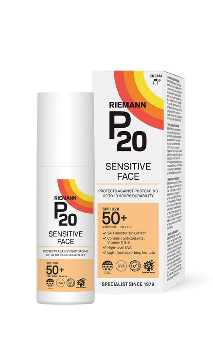 RIEMANN P20 Sensitive FACE SPF50+ UV Protection Cream, 50 Grams, Non Greasy Highly Effective Protects Face from UV Radiation, Sun Protection Factor 50+, Water/Sweat Resistant, Wear under Make Up