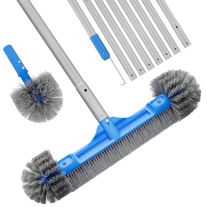 TidyMister Pool Brush Set - 20’’ 2-in-1 Detachable Round Brush with Extra Side Brush for Cleaning Hard-to-Reach Corners, 9 FT Aluminum Extended Pool Pole with Hidden Hook Retriever