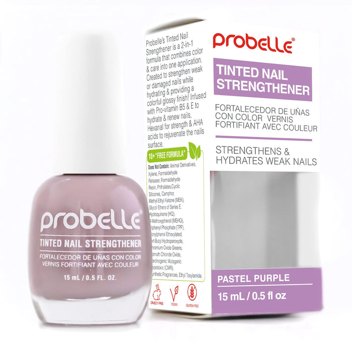 Probelle Tinted Nail Strengthener, Colored Nail Strengthening Treatment, Nail Growth and Repair, Stops Peeling, Splits, Chips, Cracks, and Strengthens Nails (0.5 Fl Oz (Pack of 1), Pastel Purple)