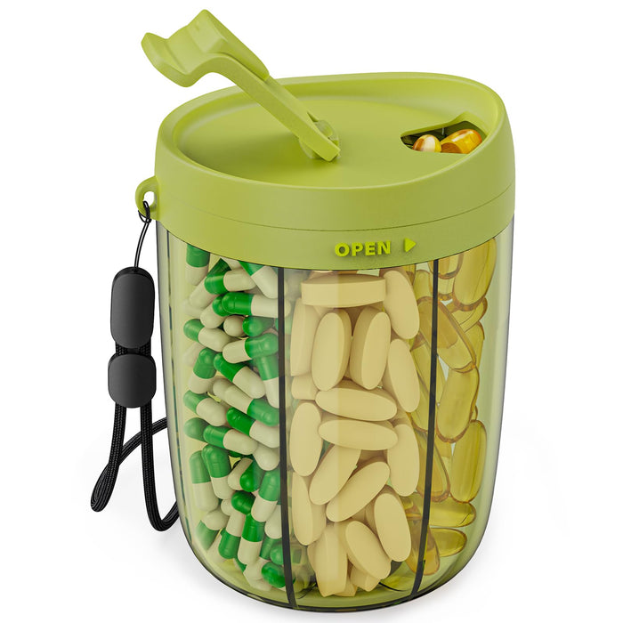 PULIV Large Supplement Organizer Bottle, Holds Plenty of Vitamins in 1 Monthly Pill Dispenser with Anti-Mixing & Wide Openings Design, Easy to Retrieve Meds, includes 20 Pcs Stick-on Labels Green