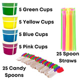 Concession Essentials Heavy Duty 12oz Snow Cone Cups with 8" Neon Spoon Straws and Candy Spoons, Yellow, Pink, Green, Blue (YPGB20CT), 70 Piece Set