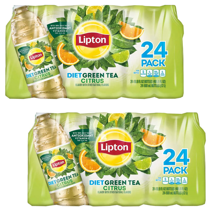 LIPTON Diet Green Iced Tea - Citrus Flavor With Other Natural Flavors - With 100% Daily Value Antioxidant Vitamin C Per 12 Fl Oz, 24-500 ml Bottles - 2 Pack