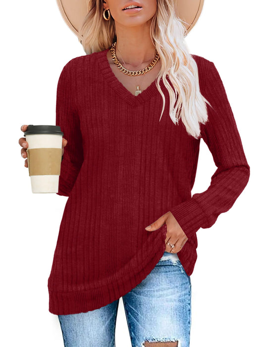 SAMPEEL Womens Long Sleeve Tops Casual V Neck Fall Shirts Christmas Sweaters Winter Clothes Burgundy M