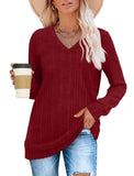 SAMPEEL Long Sleeve Shirts for Women V Neck Basic Fall Tops Comfy Soft Winter Christmas Sweater 2024 Win Red L