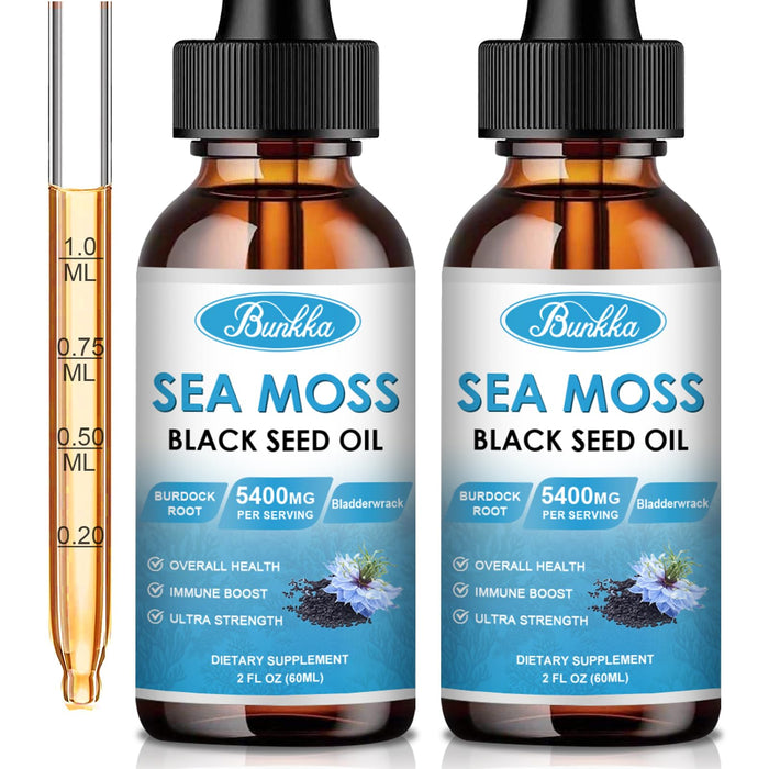 Bunkka (2 Pack) Sea Moss 3000mg Black Seed Oil 1000mg with Burdock Root 600mg Bladderwrack 800mg&Vitamin C Vitamin D3, Irish Sea Moss Drop for Immune System, Gut, Skin & Energy