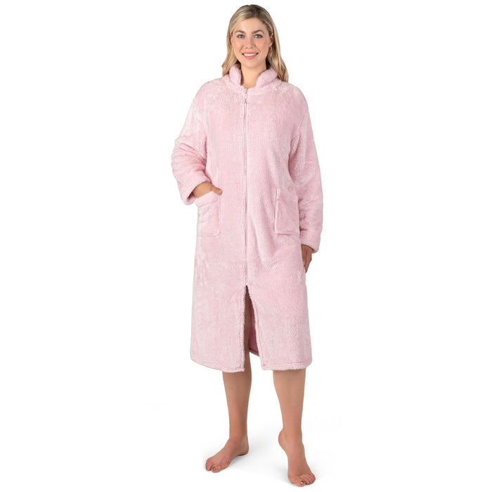 PAVILIA Womens Housecoat Zip Robe, Sherpa Zip Up Front Robe Bathrobe, Fuzzy Warm Zipper House Coat Lounger for Women Elderly with Pockets, Fluffy Fleece Long Plus Size, Light Pink (2X/3X)