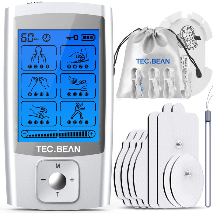 TEC.BEAN Tens Ems Unit 24 Modes Muscle Stimulator for Pain Relief Therapy, Rechargeable Electronic Pulse Massager Muscle Massager with 8 Pads Great for Treating Pain and Muscle Relief
