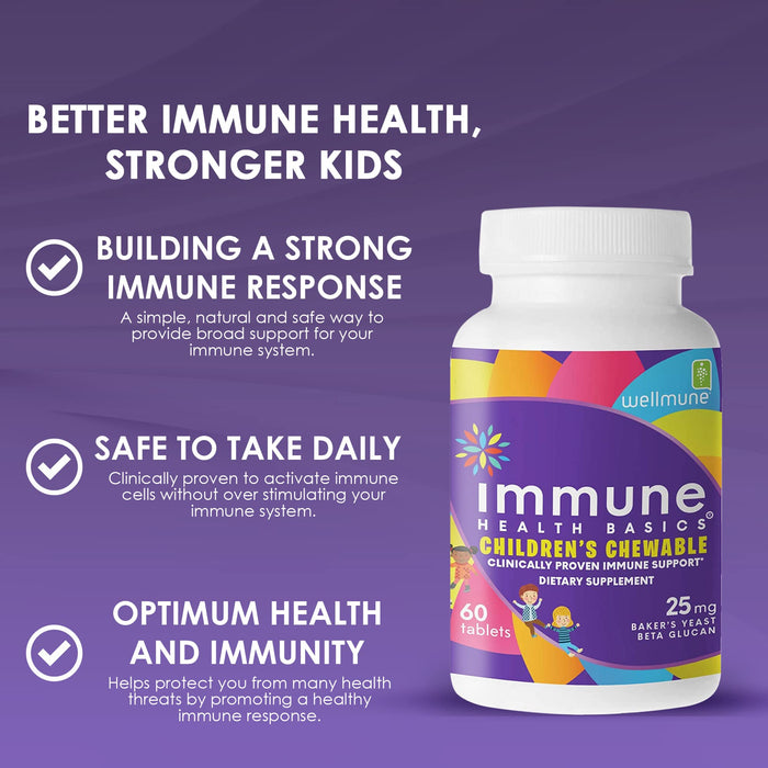 Immune Health Basics Children's Chewable Tablets, Wellmune Clinically Proven Highly Purified Beta Glucan Immunity Supplements for Children, Kids-Approved!