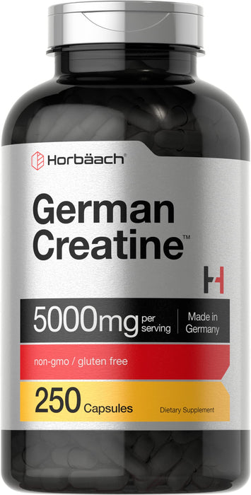 Horbäach German Creatine Monohydrate 5000mg | 250 Capsules | Non-GMO, Gluten Free Supplement