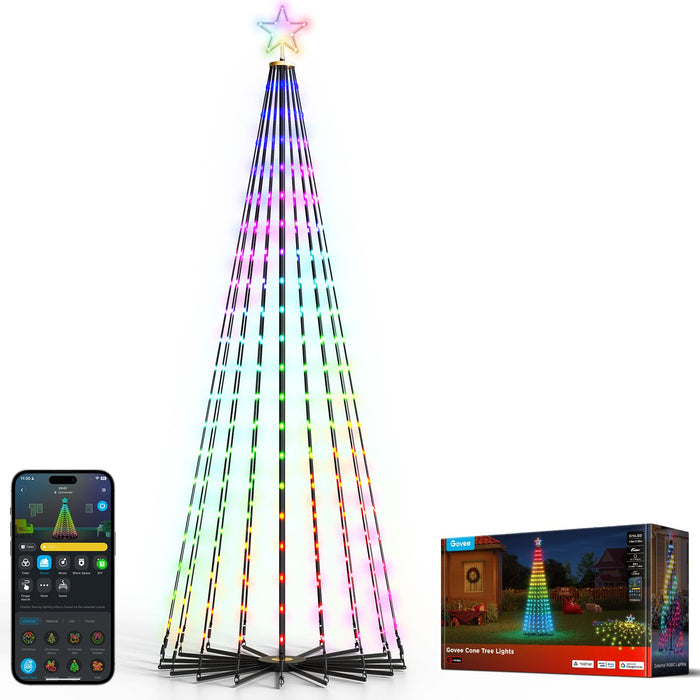 Govee Christmas Cone Tree Lights, 7.5ft 370 LEDs RGBIC Christmas Tree Lights with Smart App Control, IP67 Waterproof Outdoor String Lights for Christmas Decorations, 82+ Scene Modes, Music Sync