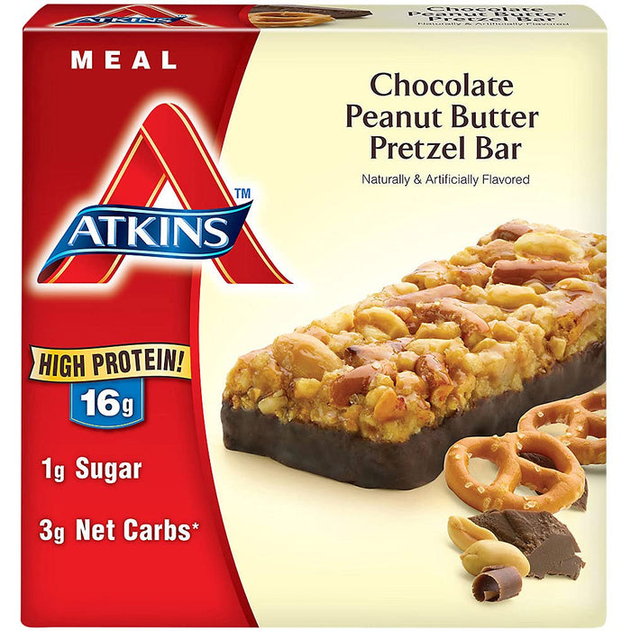 Atkins Chocolate Peanut Butter Pretzel Protein Meal Bar, High Fiber, 16g Protein, 1g Sugar, 4g Net Carbs, Meal Replacement, Keto Friendly, 5 Count
