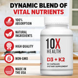 10X Health D3 & K2 Supplement - Essential Vitamins for Daily Wellness - 60 Capsules