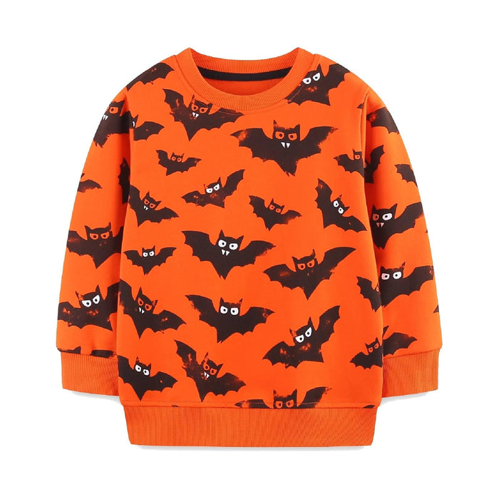 HILEELANG Toddler Boy Orange Sweatshirts Halloween Bat Printed Crewneck Long Sleeve Pullover Cotton Top Sweater Shirts 3T