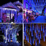 Weepong Meteor Shower Lights Outdoor Christmas Lights UL Certified Falling Rain Drop Lights Snowfall Icicle Cascading String Lights for Xmas Holiday Tree Garden Decor Blue, 12Inch 8Tubes