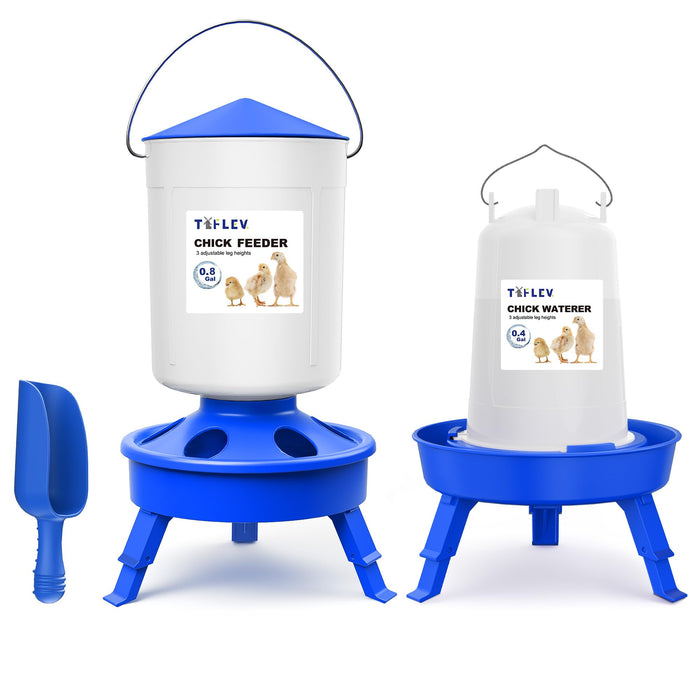 Tiflev Chick Feeder and Waterer Set with 3 Adjustable Height, Scoop, 0.8Gal Top Fill Chick Feeder and 0.4Gal Waterer Anti-Drown for Raising Chicks in Brooder Blue