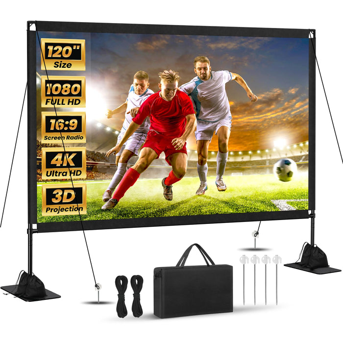 120inch Projector Screen with Stand: Portable Projector Screen Outdoor Indoor Front/Rear16:9 4K HD with Carry Bag Sandbag- Movie Screen for Backyard Moive Night, Camping, Theater